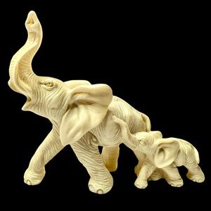 Mama & Baby Elephant Trunk Up Marble Resin Sculpture by A. Santini Made In Italy